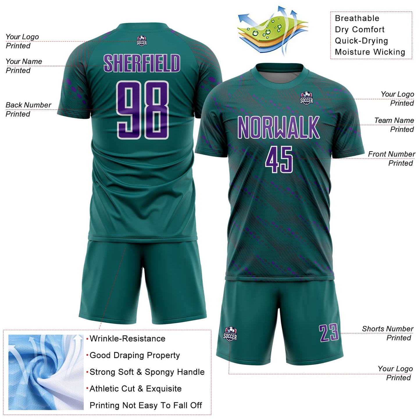 Custom Teal Purple-White Slant Lines Sports Sublimation Soccer Uniform Jersey view 4