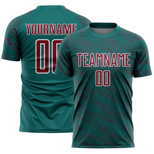 Custom Teal Crimson-White Slant Lines Sports Sublimation Soccer Uniform Jersey - Main View