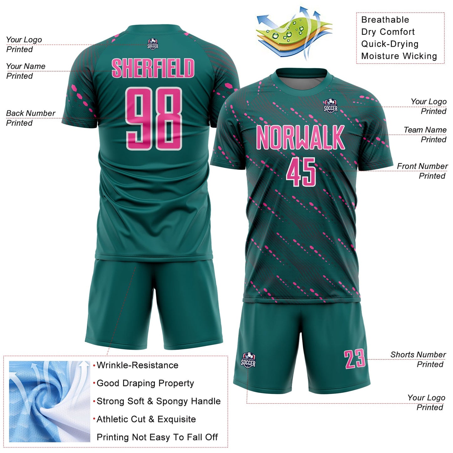 Custom Teal Pink-White Slant Lines Sports Sublimation Soccer Uniform Jersey view 4