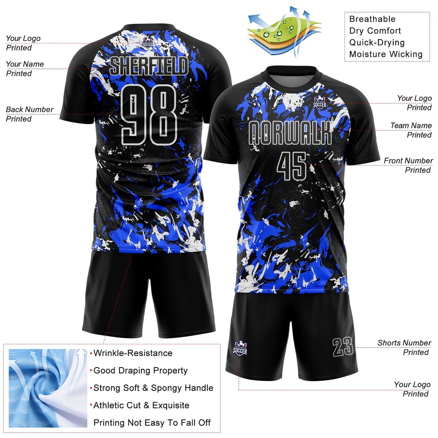 Custom Black Royal-White Fluid Art Splash Sublimation Soccer Uniform Jersey view 4