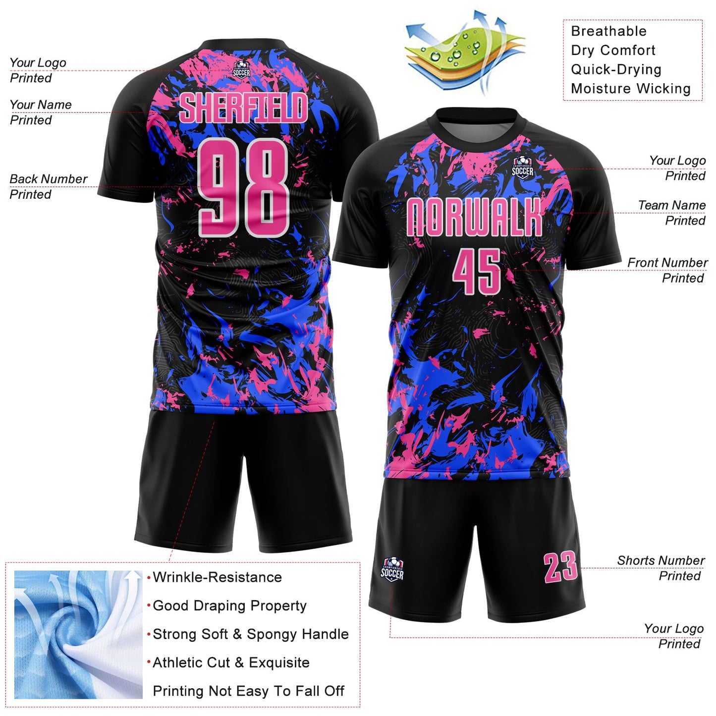 Custom Black Pink Royal-White Fluid Art Splash Sublimation Soccer Uniform Jersey view 4