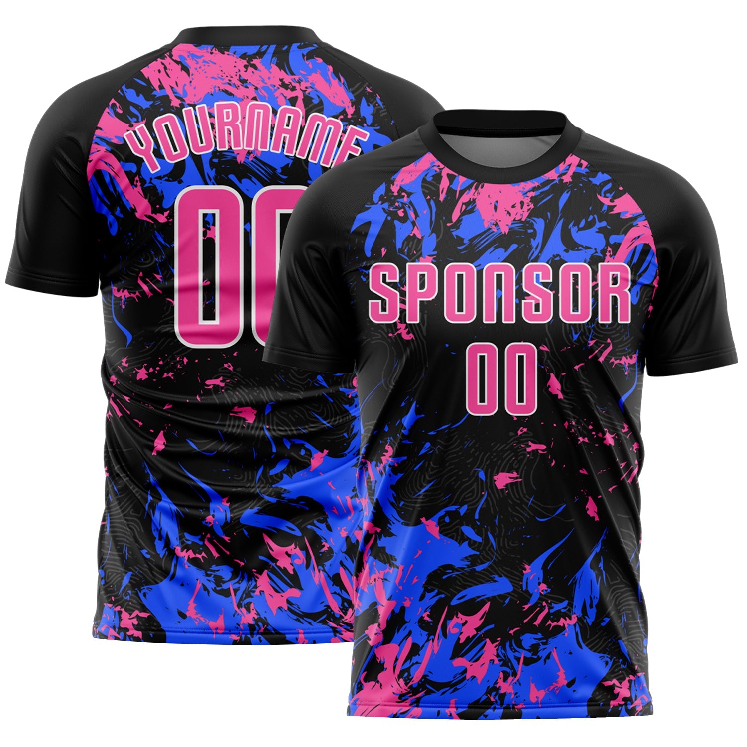 Custom Black Pink Royal-White Fluid Art Splash Sublimation Soccer Uniform Jersey - Main View