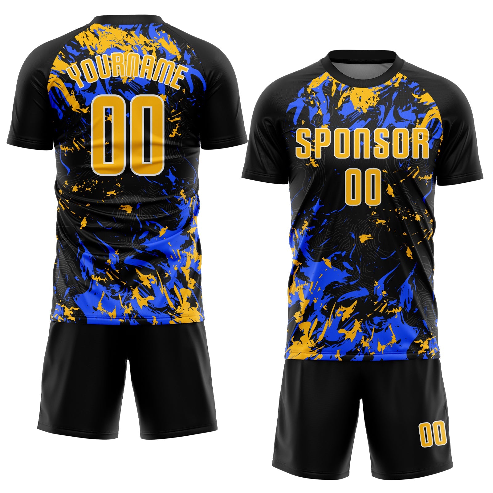 Custom Black Gold Royal-White Fluid Art Splash Sublimation Soccer Uniform Jersey view 2