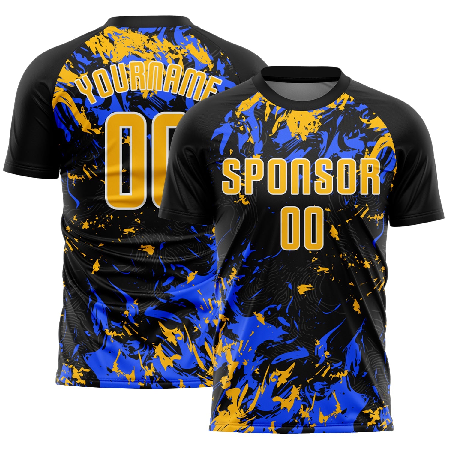 Custom Black Gold Royal-White Fluid Art Splash Sublimation Soccer Uniform Jersey - Main View