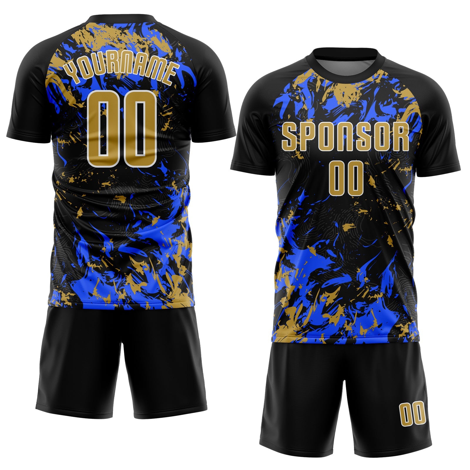 Custom Black Old Gold Royal-White Fluid Art Splash Sublimation Soccer Uniform Jersey view 2