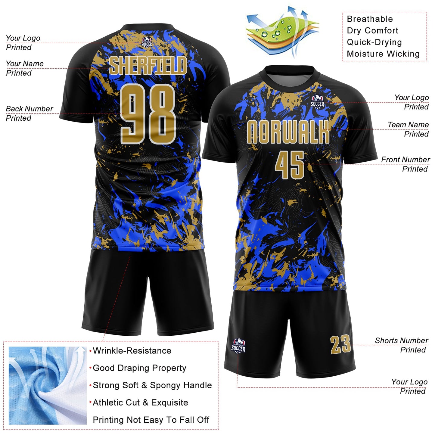 Custom Black Old Gold Royal-White Fluid Art Splash Sublimation Soccer Uniform Jersey view 4