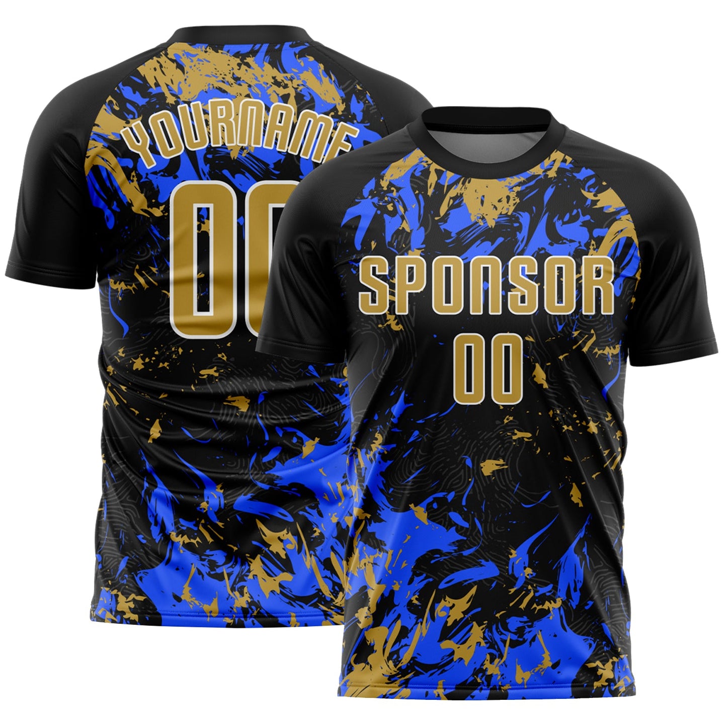 Custom Black Old Gold Royal-White Fluid Art Splash Sublimation Soccer Uniform Jersey - Main View