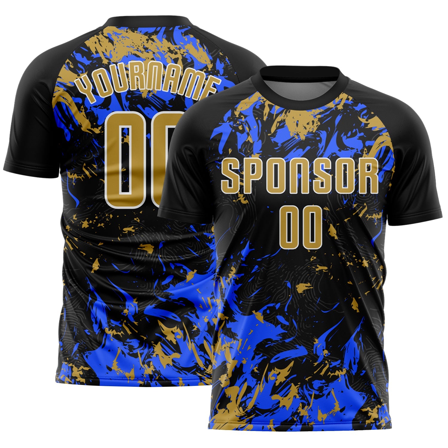 Custom Black Old Gold Royal-White Fluid Art Splash Sublimation Soccer Uniform Jersey - Main View