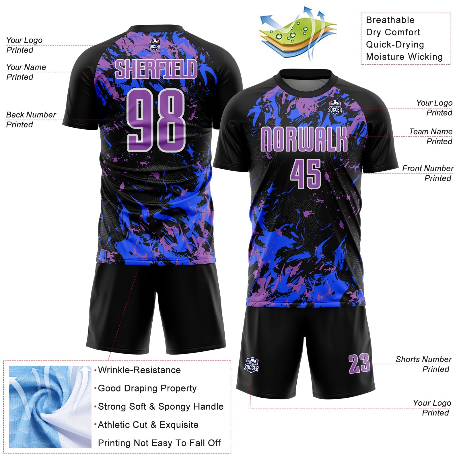 Custom Black Medium Purple Royal-White Fluid Art Splash Sublimation Soccer Uniform Jersey view 4
