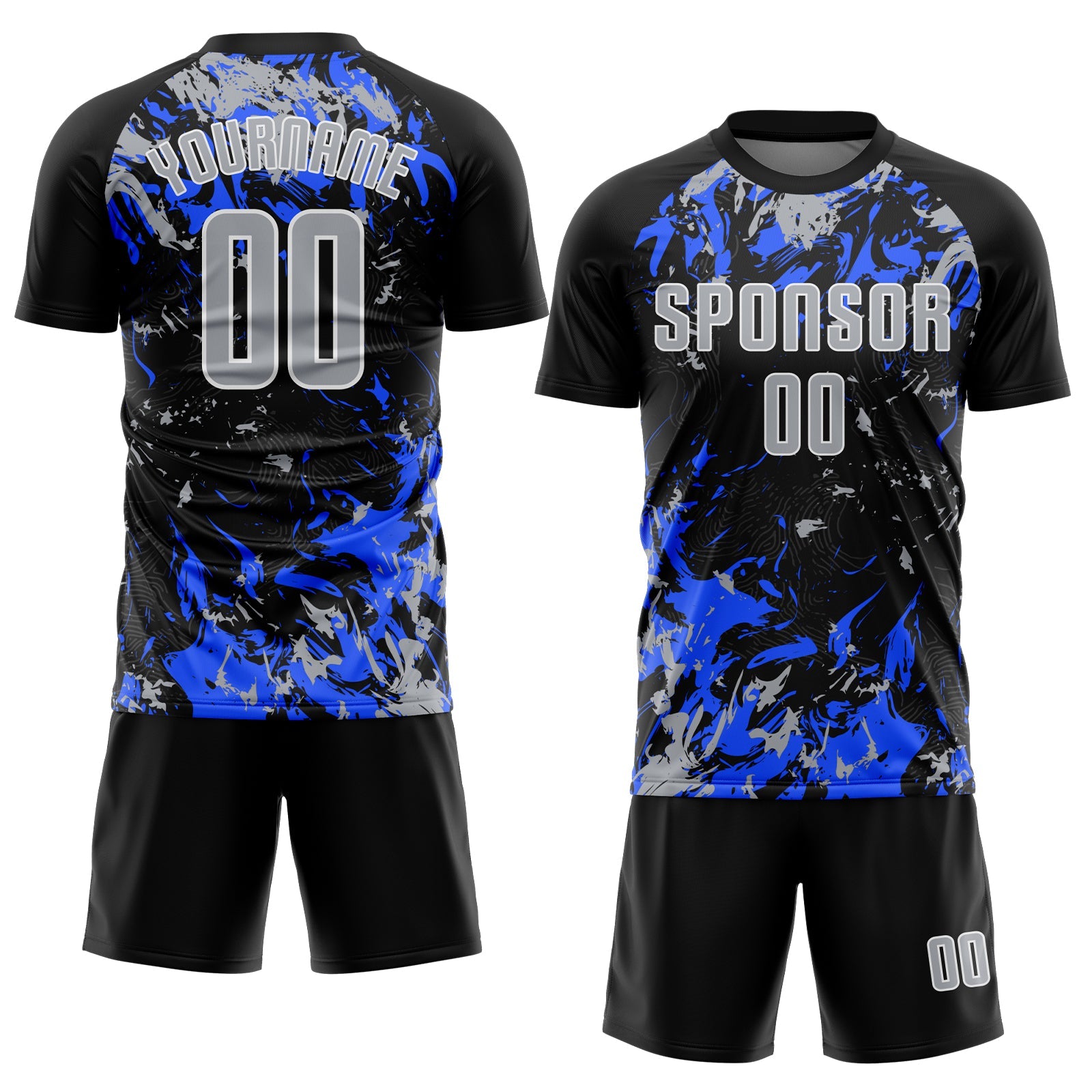 Custom Black Gray Royal-White Fluid Art Splash Sublimation Soccer Uniform Jersey view 2