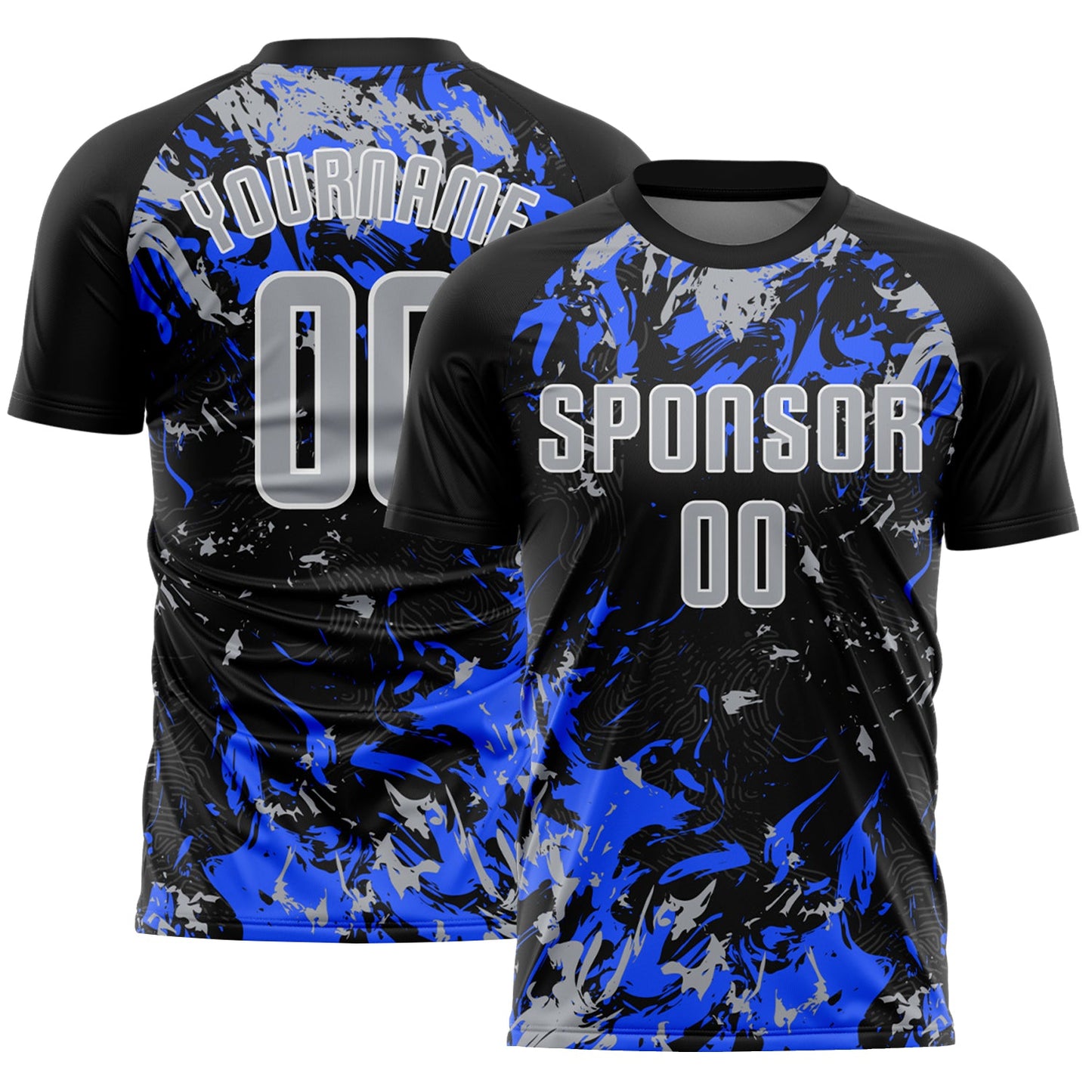 Custom Black Gray Royal-White Fluid Art Splash Sublimation Soccer Uniform Jersey - Main View
