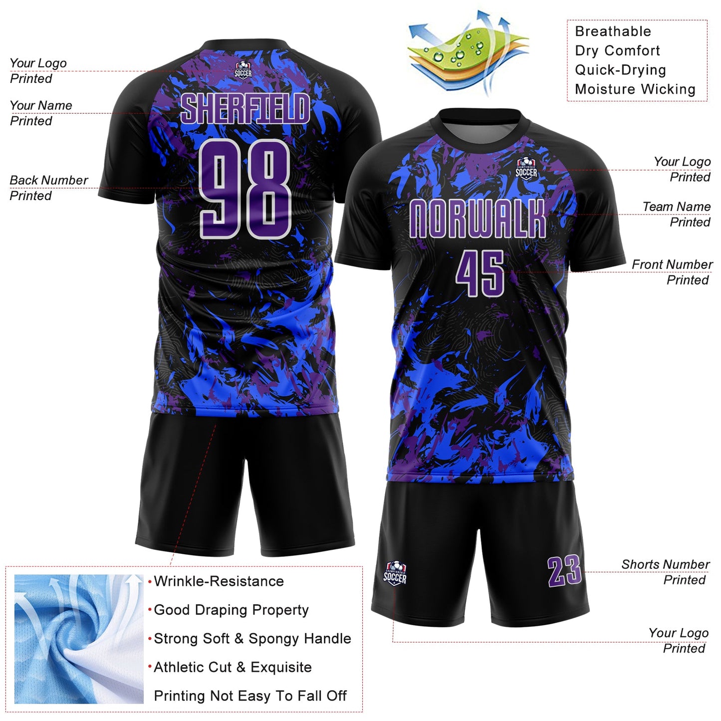 Custom Black Purple Royal-White Fluid Art Splash Sublimation Soccer Uniform Jersey view 4