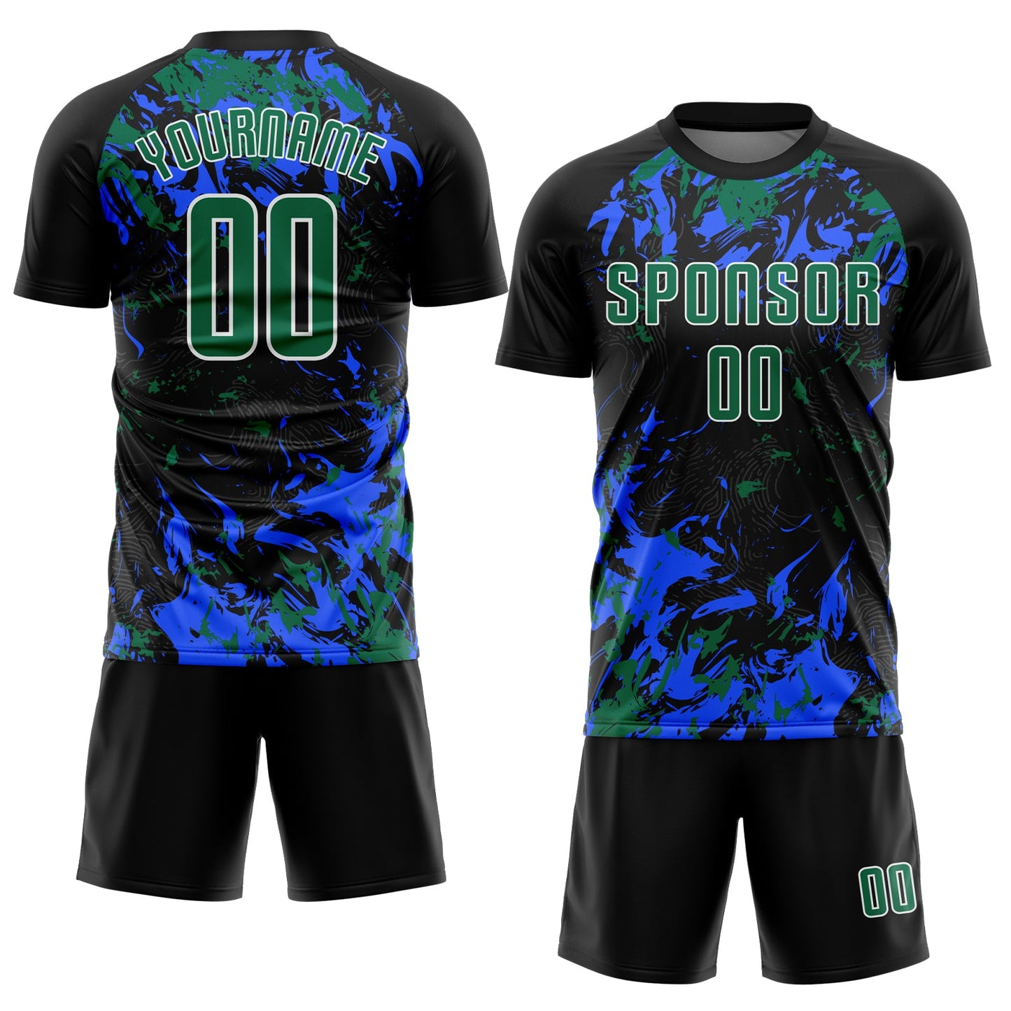 Custom Black Kelly Green Royal-White Fluid Art Splash Sublimation Soccer Uniform Jersey view 2
