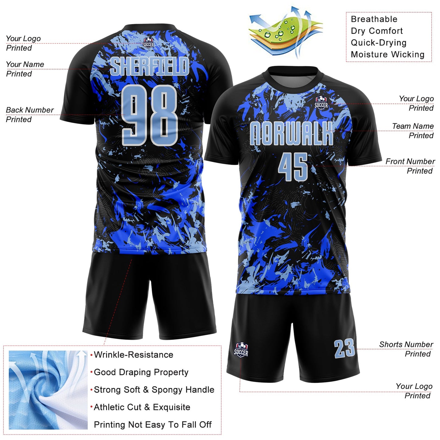Custom Black Light Blue Royal-White Fluid Art Splash Sublimation Soccer Uniform Jersey view 4