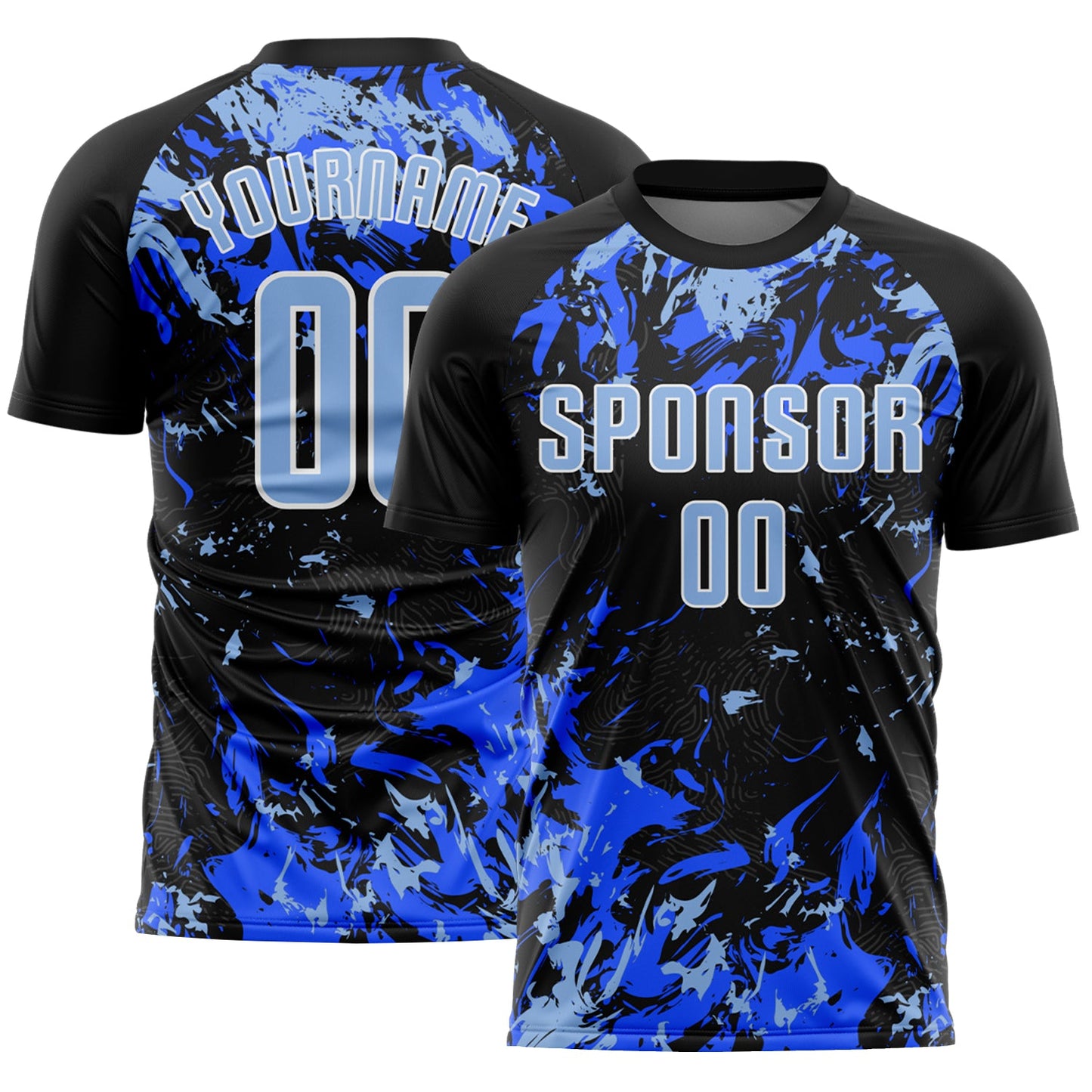 Custom Black Light Blue Royal-White Fluid Art Splash Sublimation Soccer Uniform Jersey - Main View