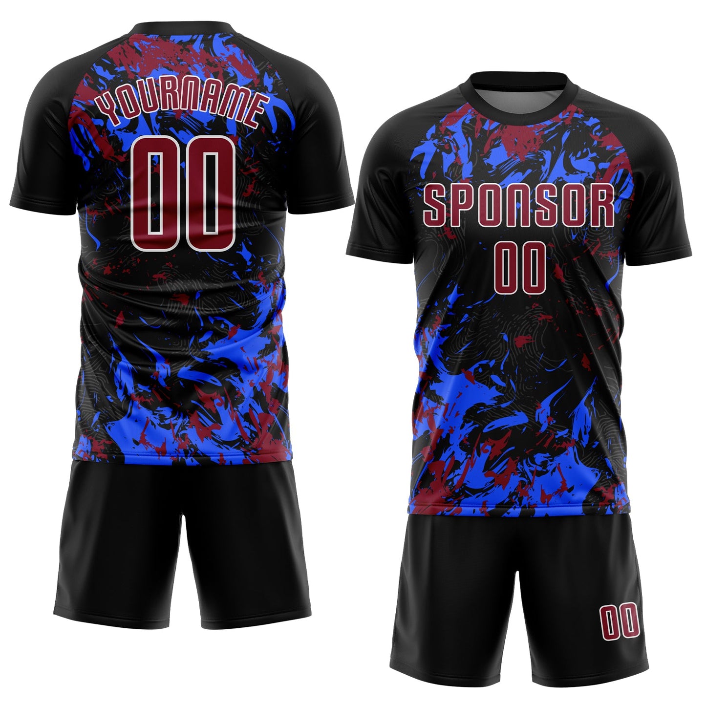 Custom Black Crimson Royal-White Fluid Art Splash Sublimation Soccer Uniform Jersey view 2