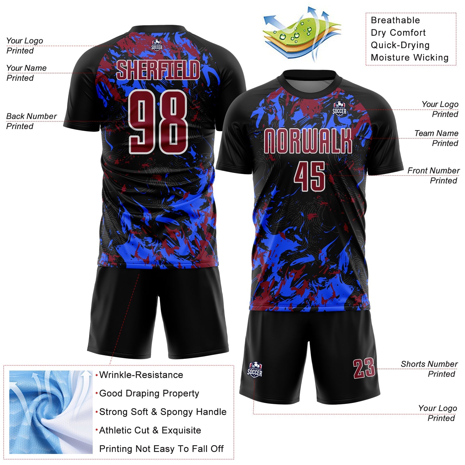 Custom Black Crimson Royal-White Fluid Art Splash Sublimation Soccer Uniform Jersey view 4