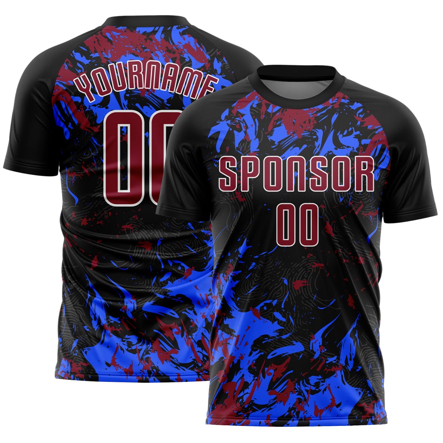 Custom Black Crimson Royal-White Fluid Art Splash Sublimation Soccer Uniform Jersey - Main View