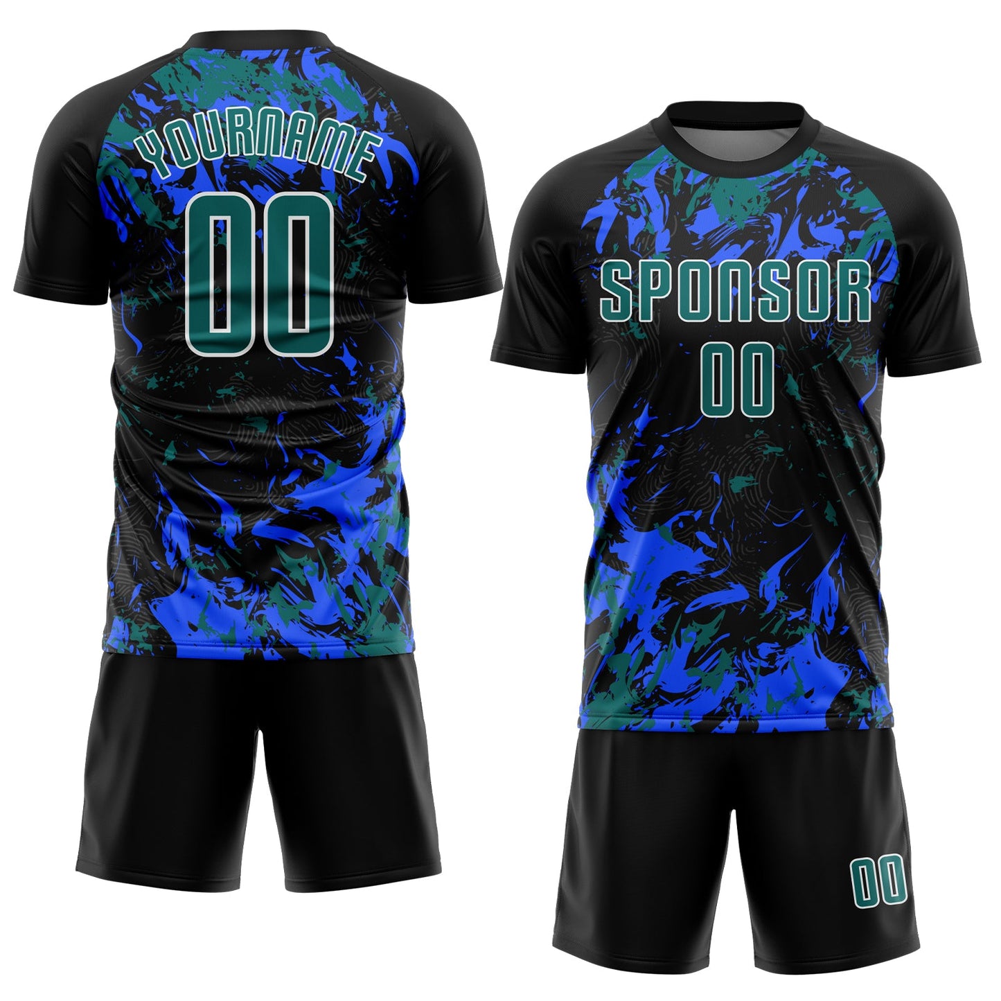 Custom Black Teal Royal-White Fluid Art Splash Sublimation Soccer Uniform Jersey view 2