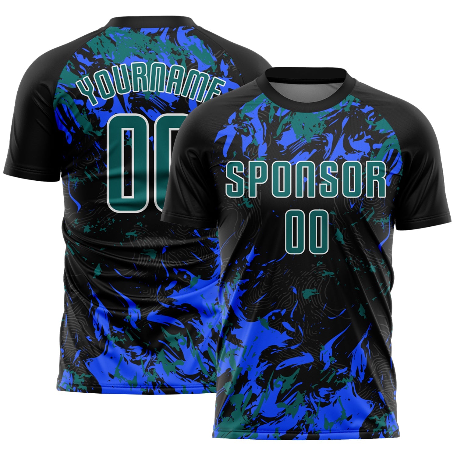 Custom Black Teal Royal-White Fluid Art Splash Sublimation Soccer Uniform Jersey - Main View