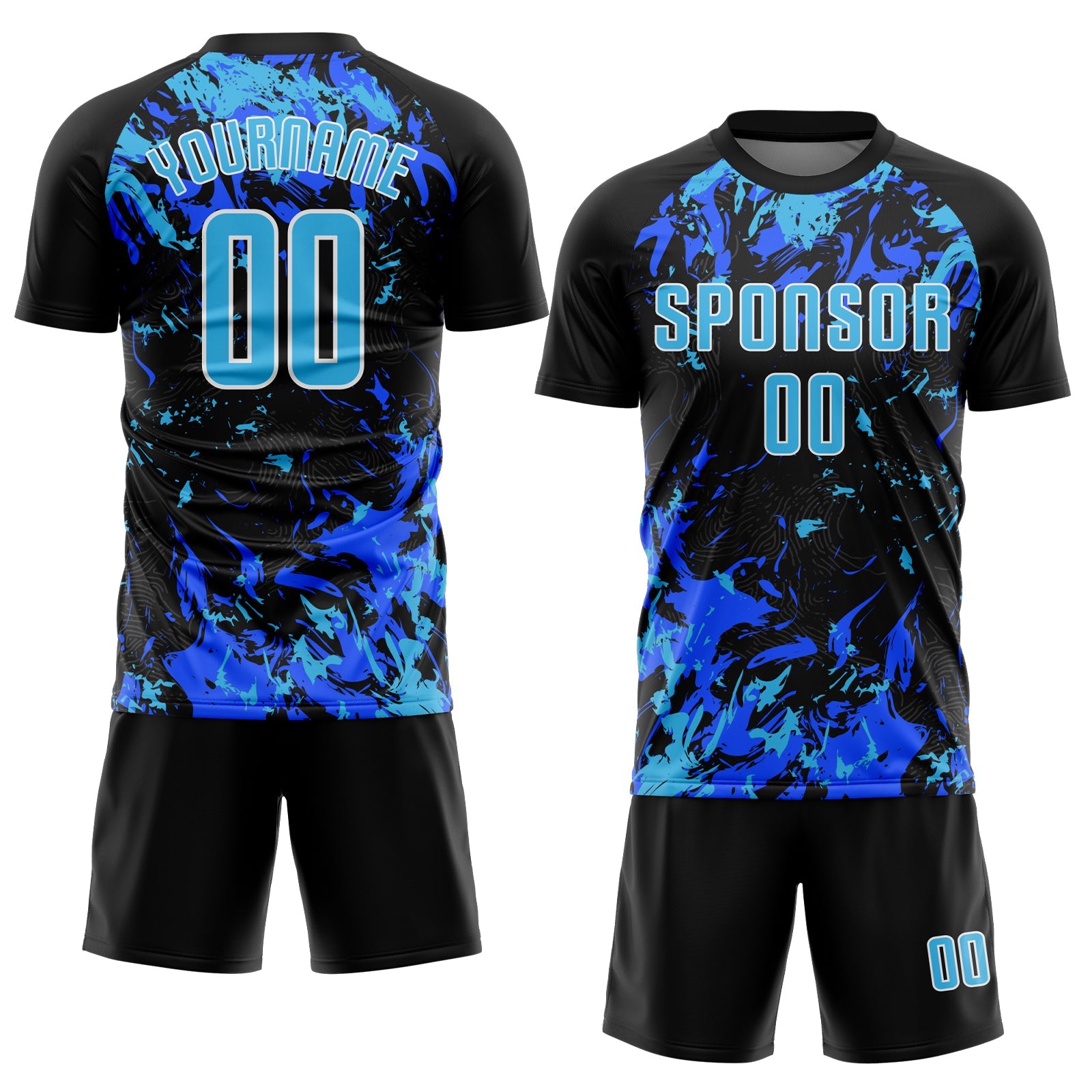 Custom Black Sky Blue Royal-White Fluid Art Splash Sublimation Soccer Uniform Jersey view 2