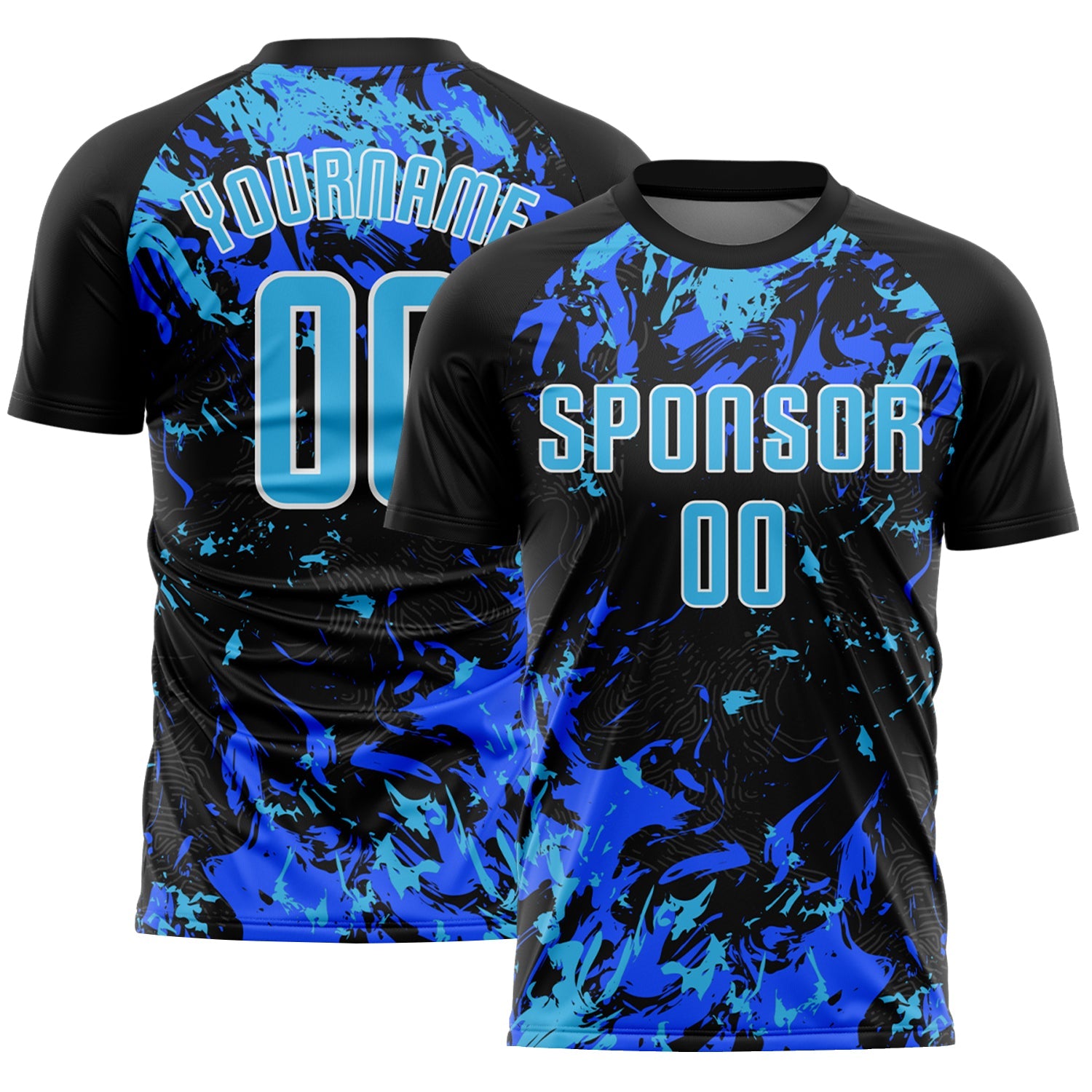 Custom Black Sky Blue Royal-White Fluid Art Splash Sublimation Soccer Uniform Jersey - Main View