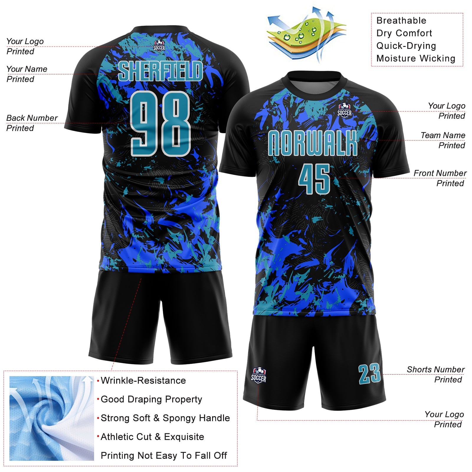 Custom Black Panther Blue Royal-White Fluid Art Splash Sublimation Soccer Uniform Jersey view 4