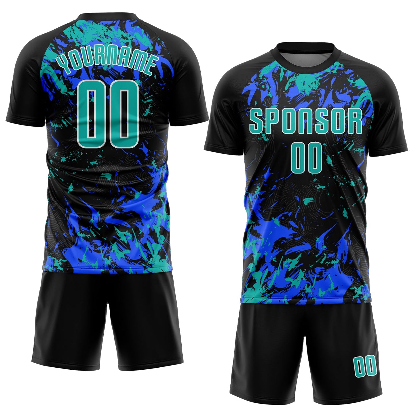 Custom Black Aqua Royal-White Fluid Art Splash Sublimation Soccer Uniform Jersey view 2