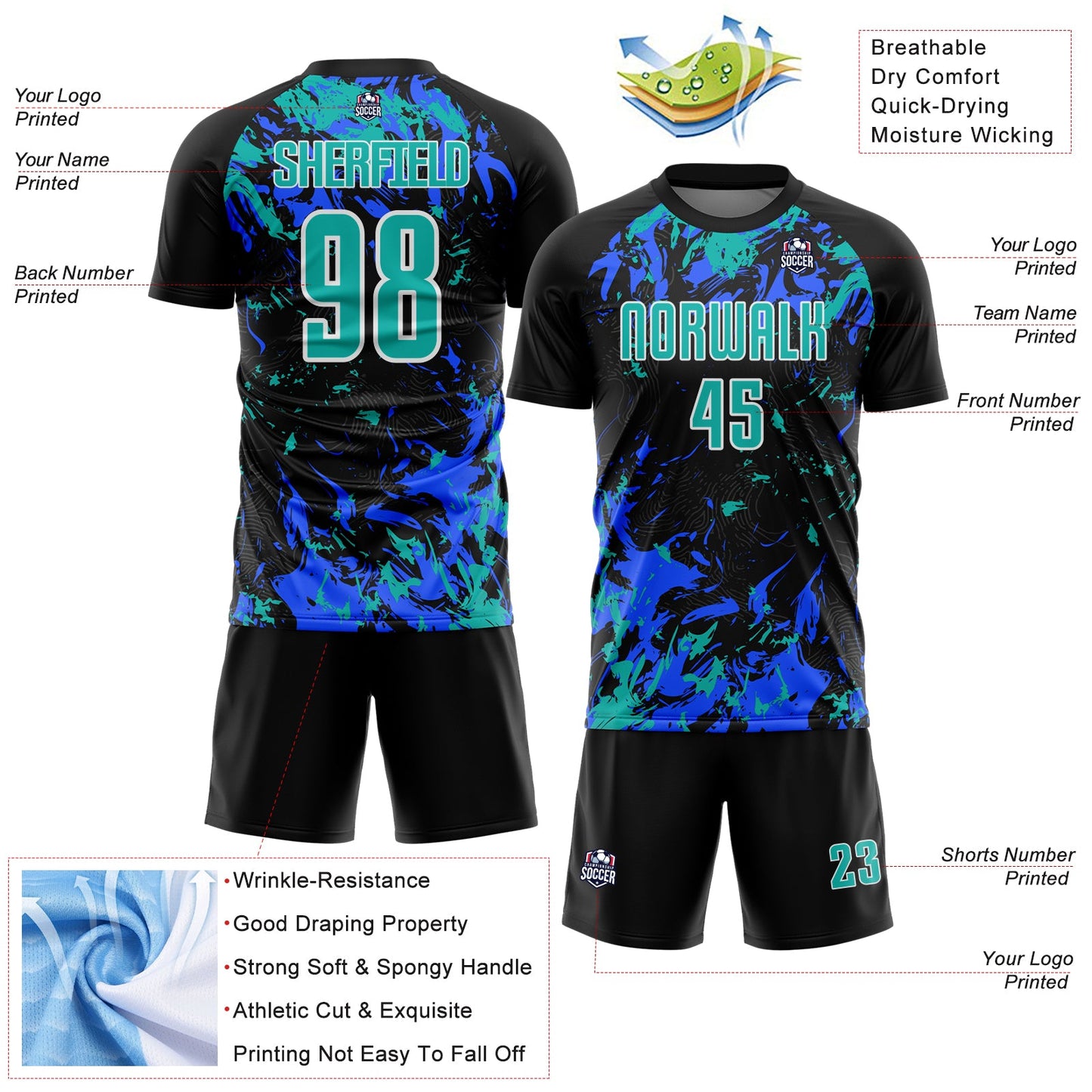Custom Black Aqua Royal-White Fluid Art Splash Sublimation Soccer Uniform Jersey view 4
