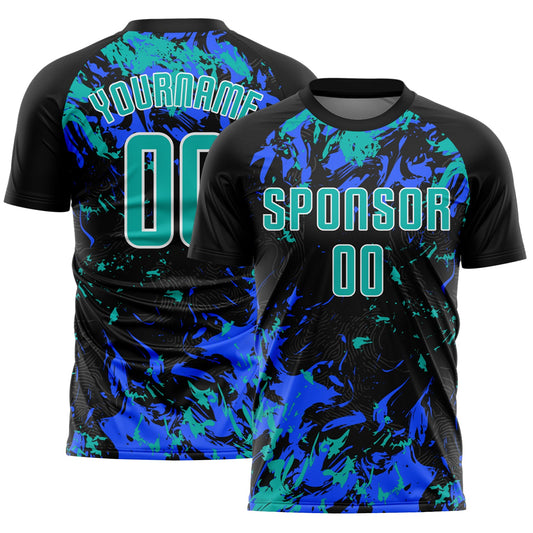 Custom Black Aqua Royal-White Fluid Art Splash Sublimation Soccer Uniform Jersey - Main View