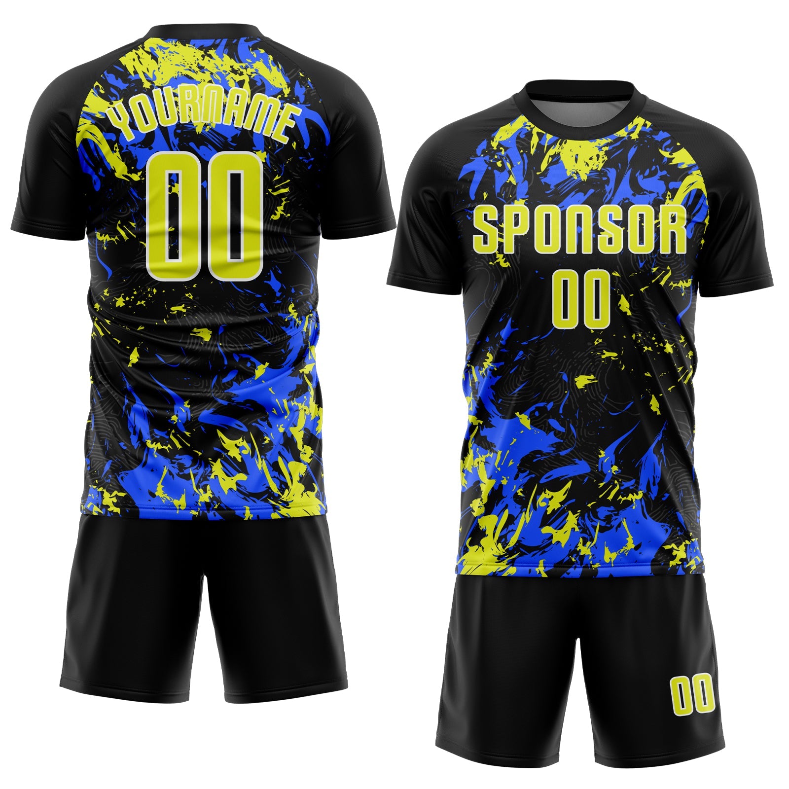 Custom Black Neon Yellow Royal-White Fluid Art Splash Sublimation Soccer Uniform Jersey view 2