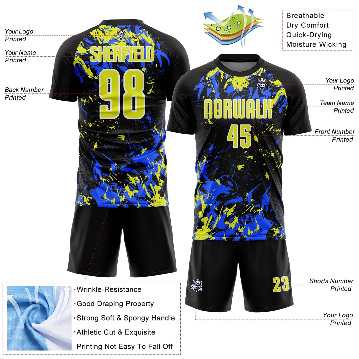 Custom Black Neon Yellow Royal-White Fluid Art Splash Sublimation Soccer Uniform Jersey view 4
