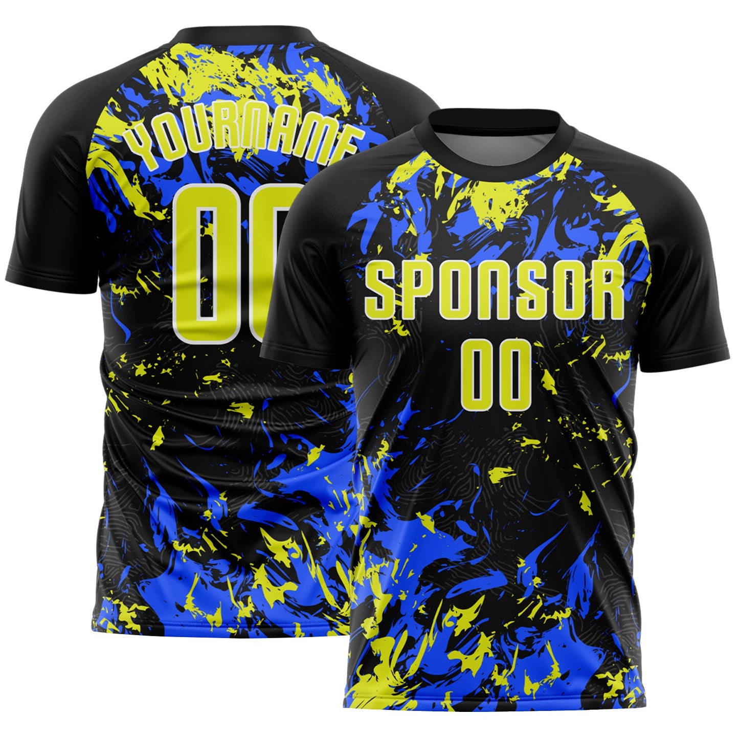 Custom Black Neon Yellow Royal-White Fluid Art Splash Sublimation Soccer Uniform Jersey - Main View
