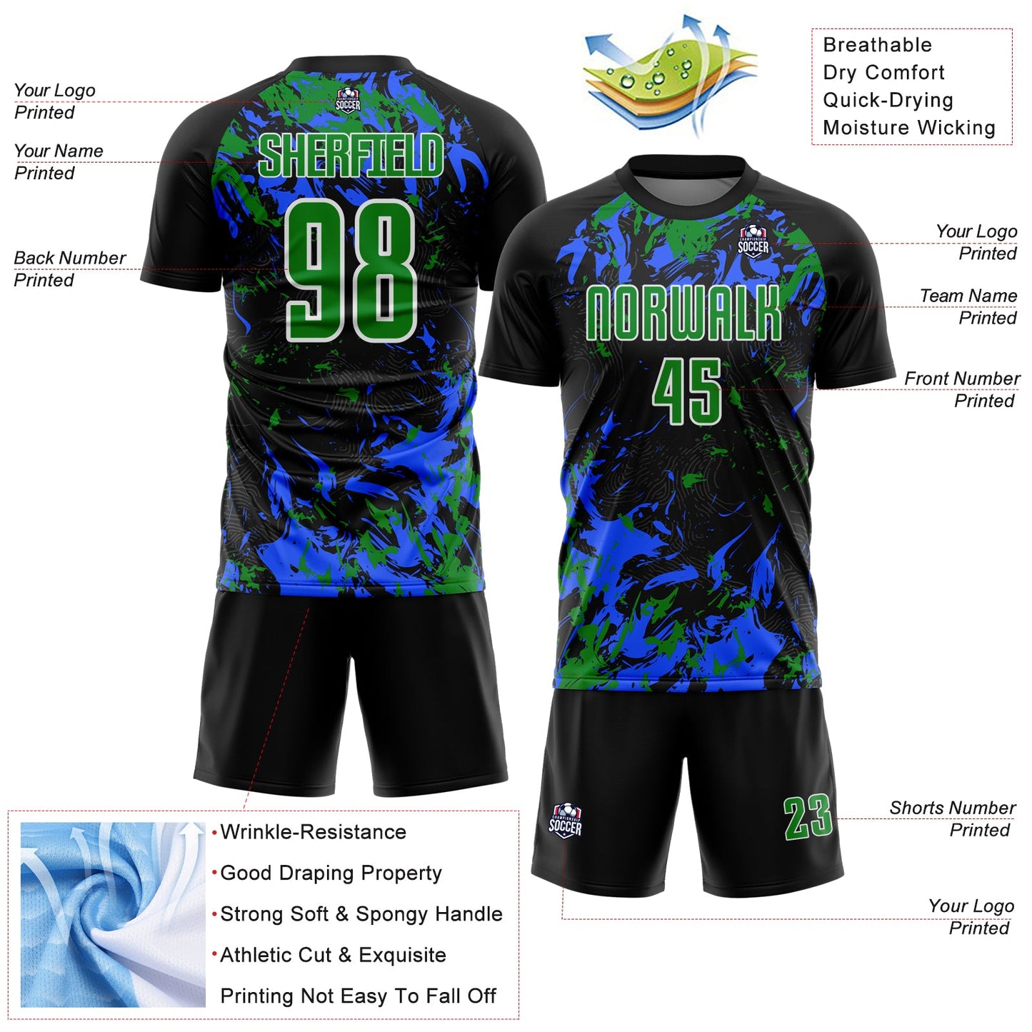 Custom Black Grass Green Royal-White Fluid Art Splash Sublimation Soccer Uniform Jersey view 4