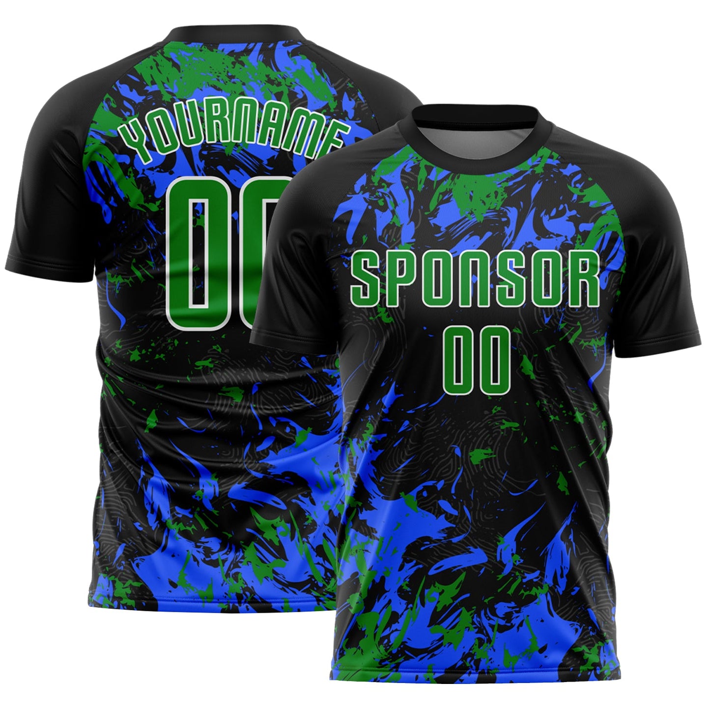 Custom Black Grass Green Royal-White Fluid Art Splash Sublimation Soccer Uniform Jersey - Main View