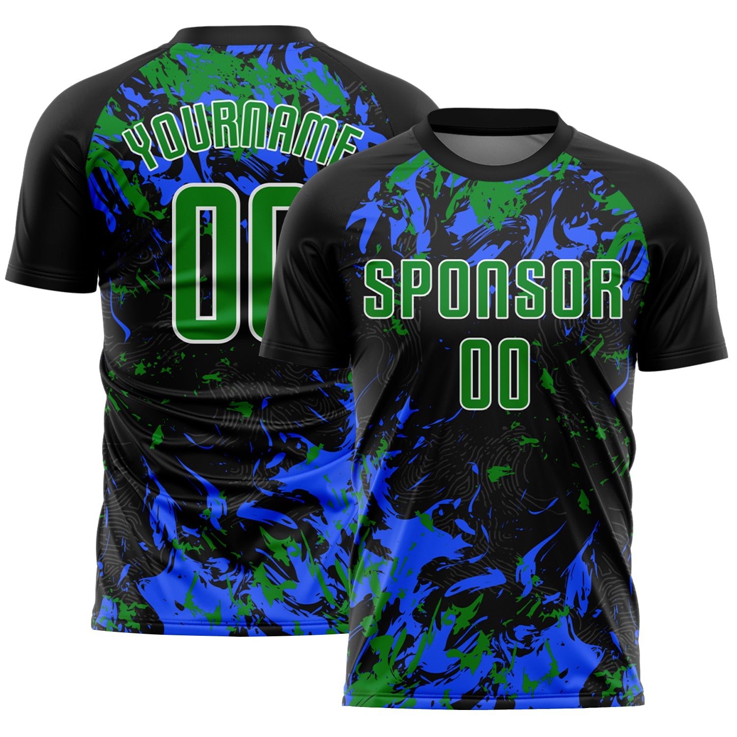 Custom Black Grass Green Royal-White Fluid Art Splash Sublimation Soccer Uniform Jersey - Main View