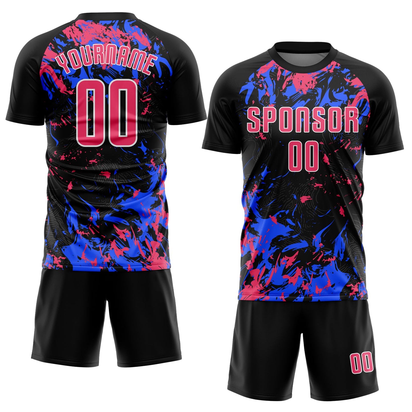 Custom Black Neon Pink Royal-White Fluid Art Splash Sublimation Soccer Uniform Jersey view 2
