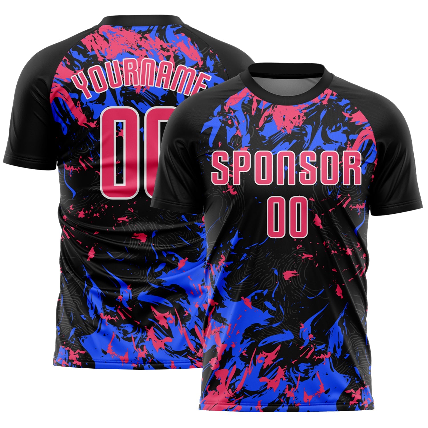 Custom Black Neon Pink Royal-White Fluid Art Splash Sublimation Soccer Uniform Jersey - Main View