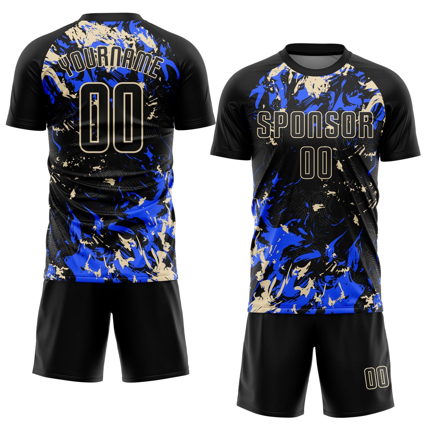 Custom Black Cream-Royal Fluid Art Splash Sublimation Soccer Uniform Jersey view 2