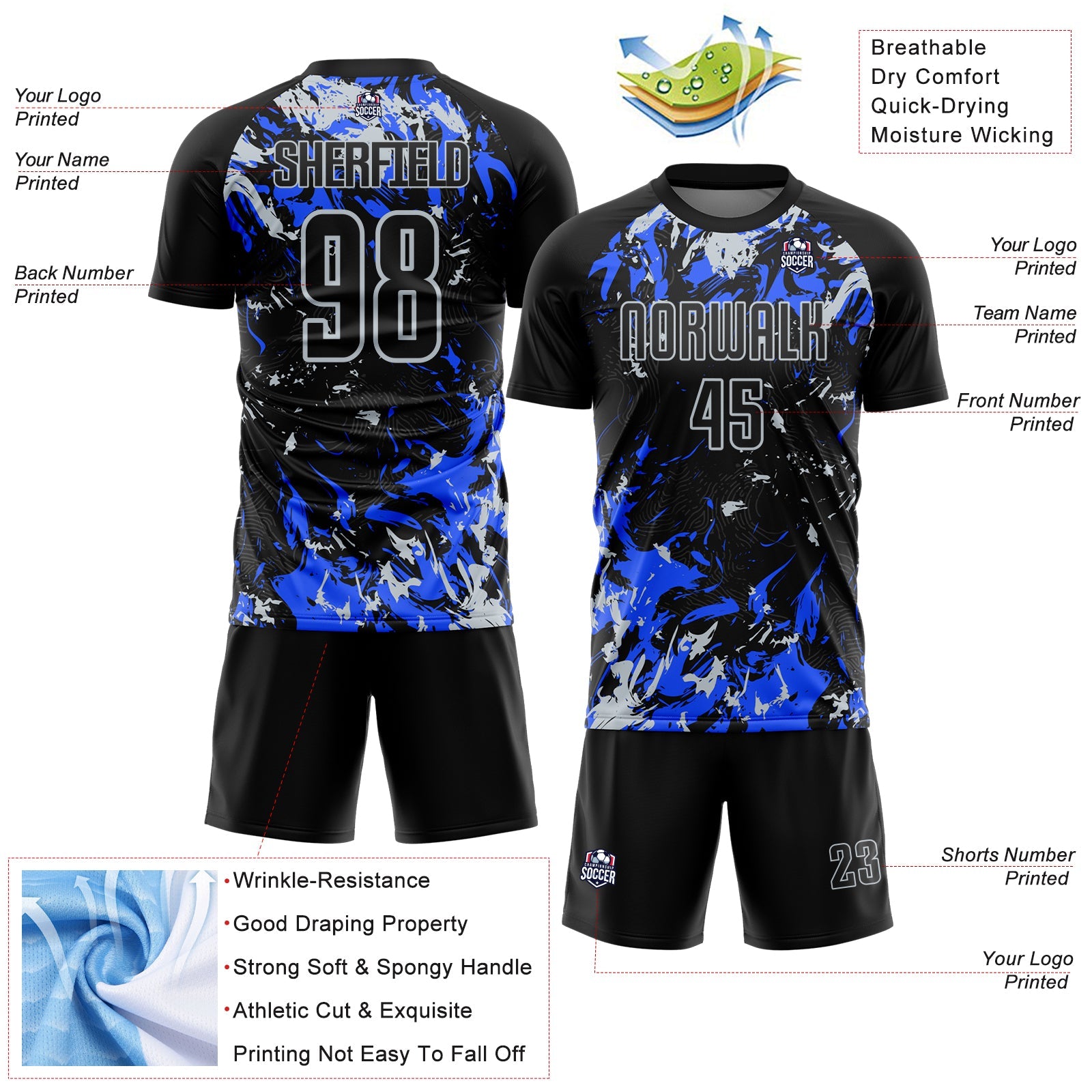 Custom Black Silver-Royal Fluid Art Splash Sublimation Soccer Uniform Jersey view 4