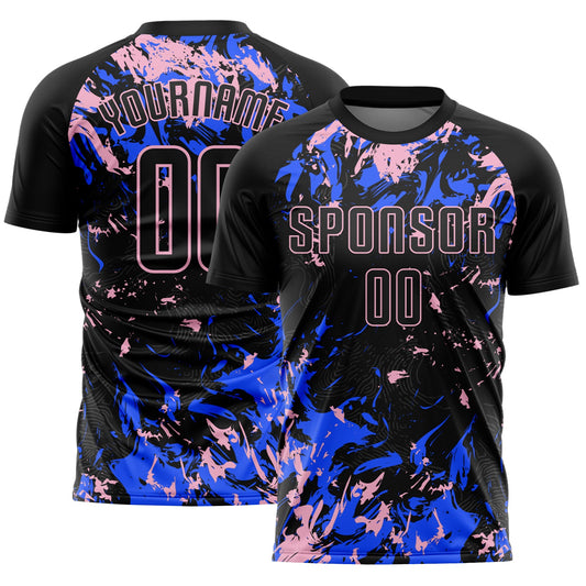 Custom Black Light Pink-Royal Fluid Art Splash Sublimation Soccer Uniform Jersey - Main View