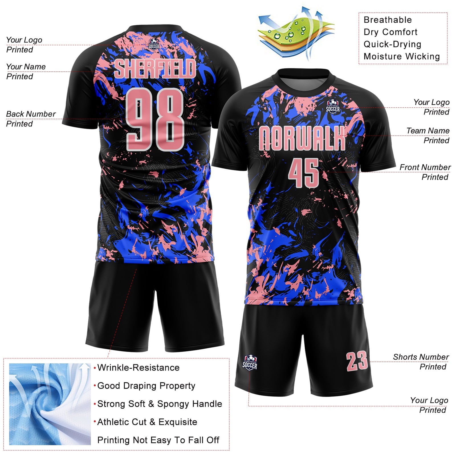 Custom Black Medium Pink Royal-White Fluid Art Splash Sublimation Soccer Uniform Jersey view 4