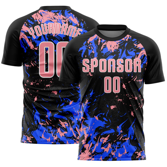 Custom Black Medium Pink Royal-White Fluid Art Splash Sublimation Soccer Uniform Jersey - Main View