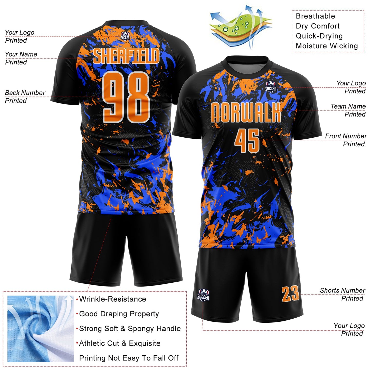 Custom Black Bay Orange Royal-White Fluid Art Splash Sublimation Soccer Uniform Jersey view 4