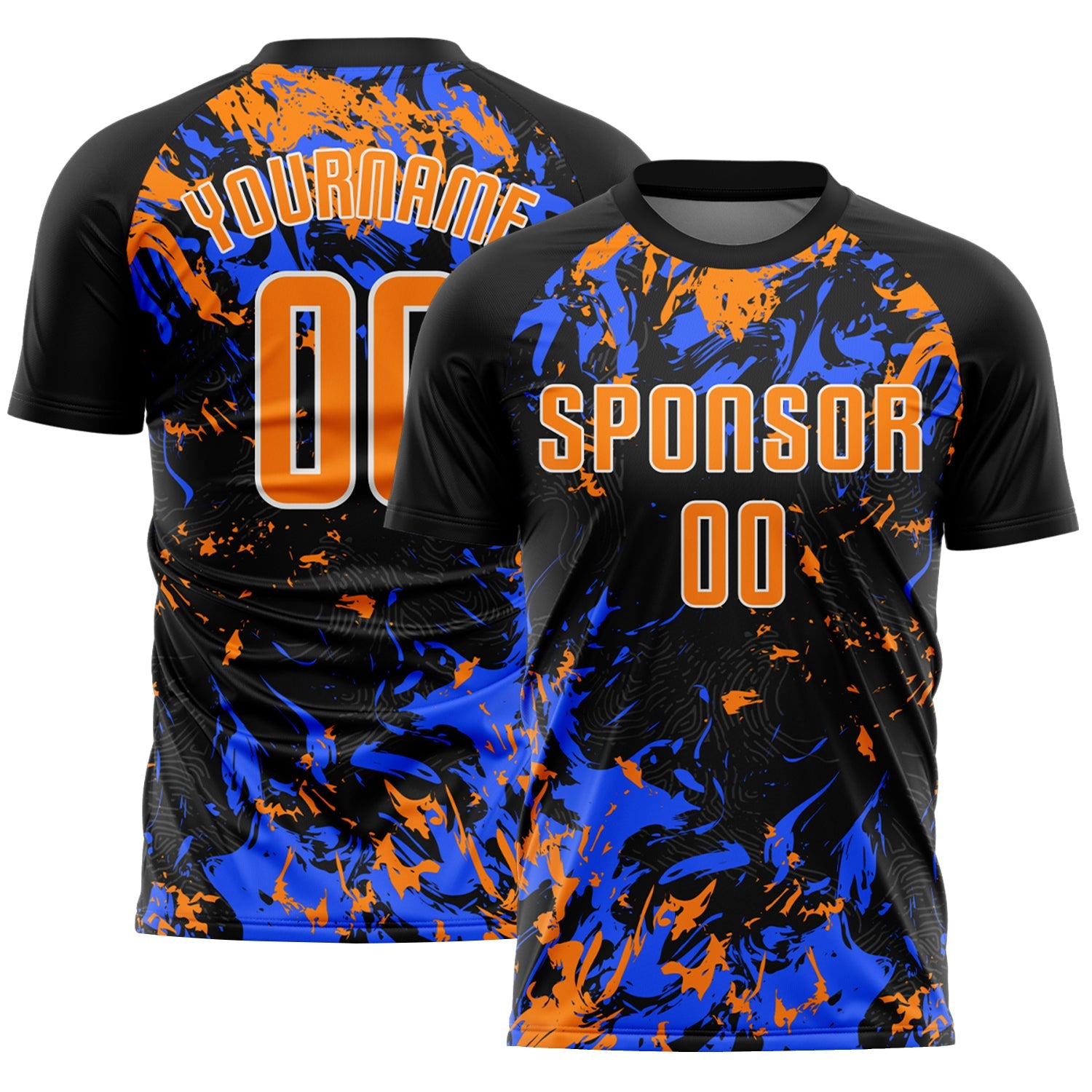 Custom Black Bay Orange Royal-White Fluid Art Splash Sublimation Soccer Uniform Jersey - Main View