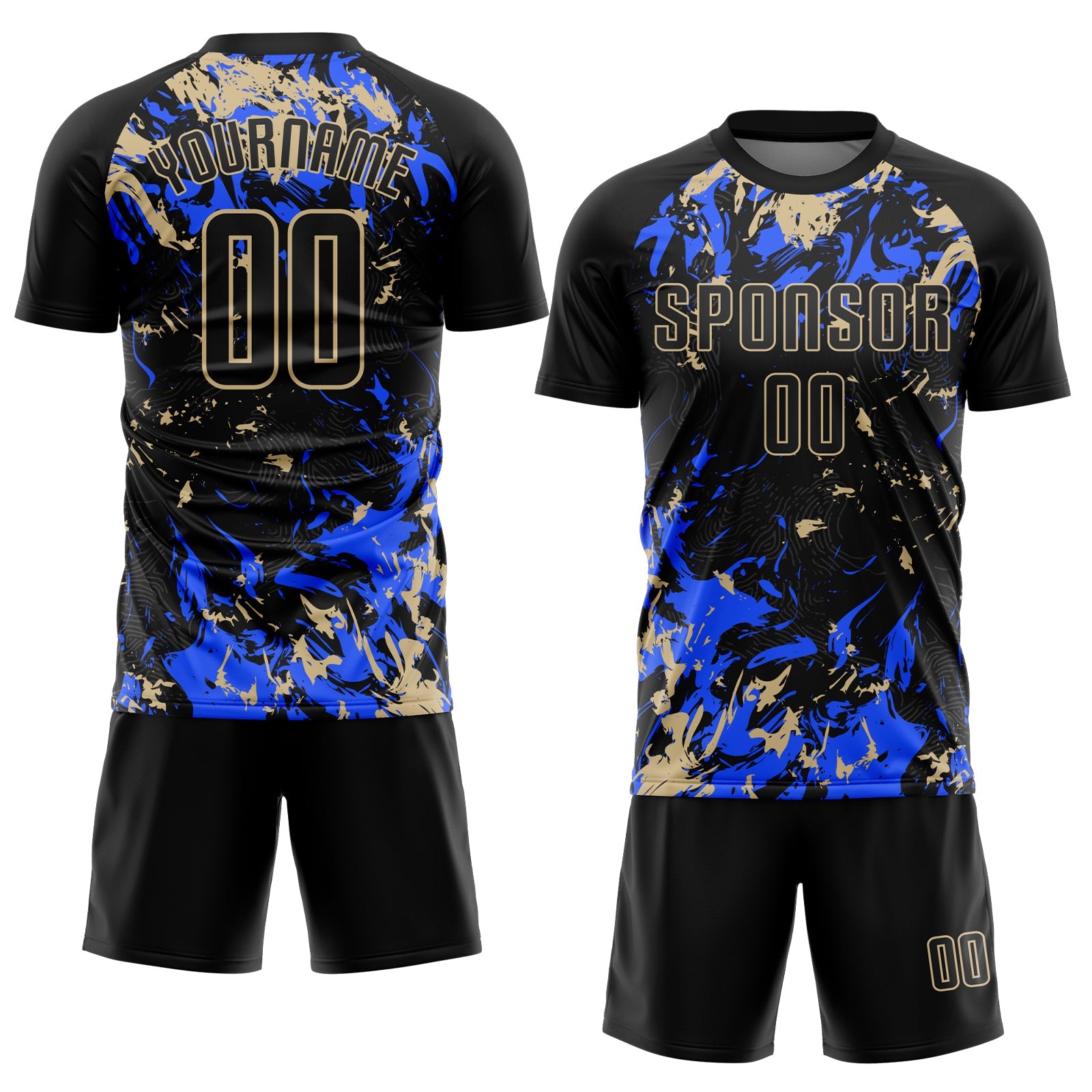 Custom Black Vegas Gold-Royal Fluid Art Splash Sublimation Soccer Uniform Jersey view 2