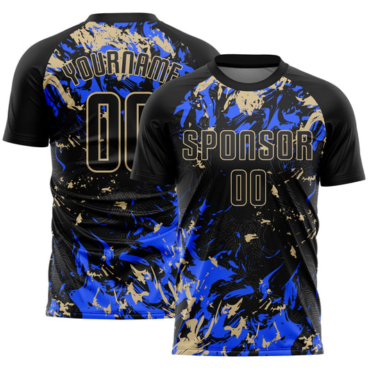 Custom Black Vegas Gold-Royal Fluid Art Splash Sublimation Soccer Uniform Jersey - Main View