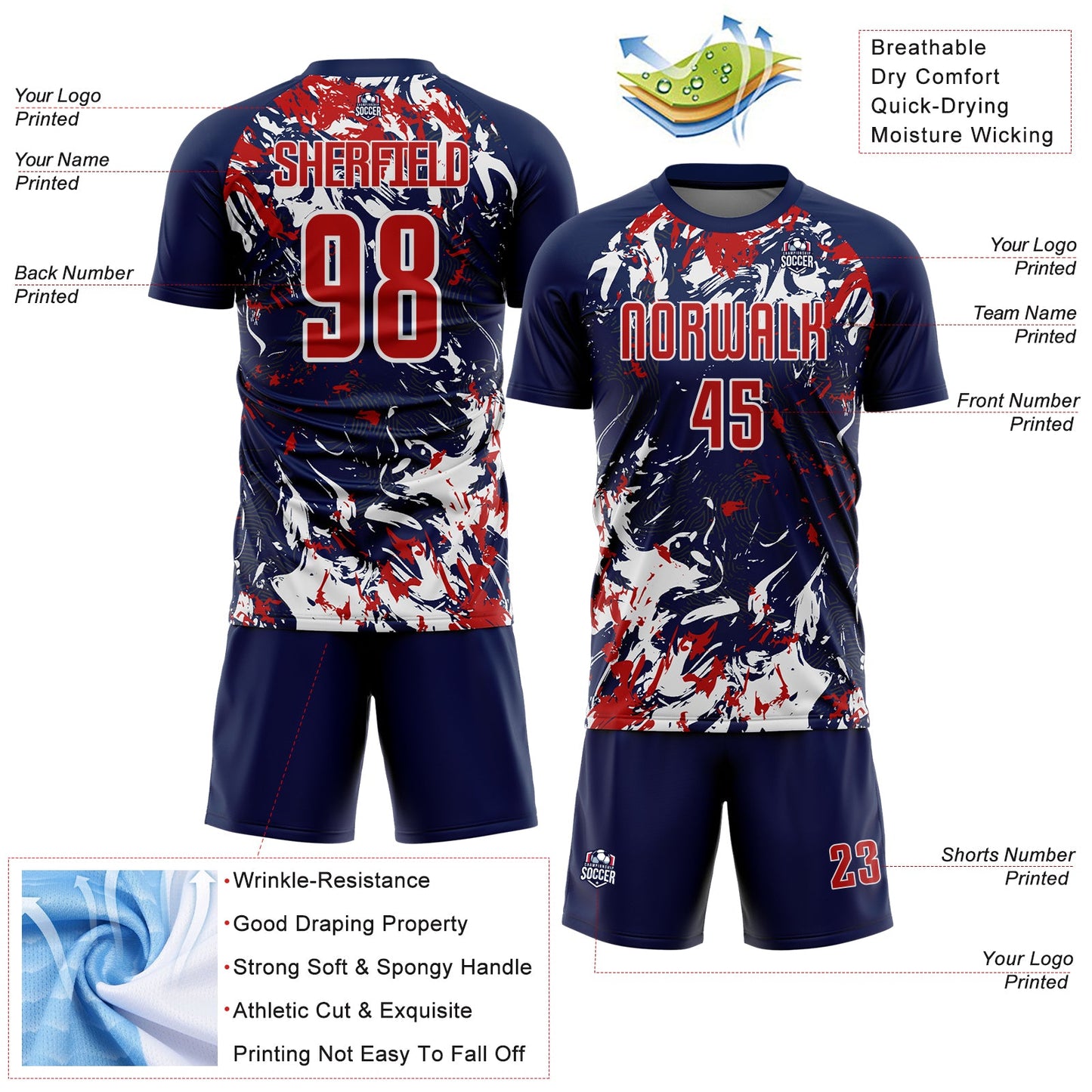 Custom Navy Red-White Fluid Art Splash Sublimation Soccer Uniform Jersey view 4