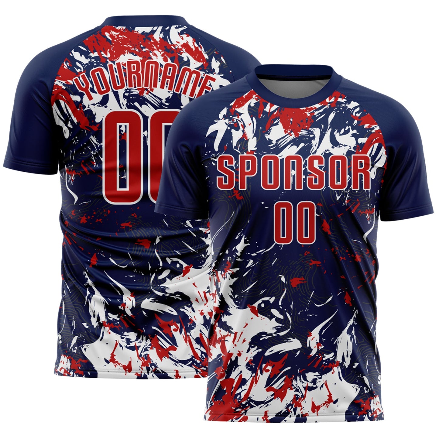 Custom Navy Red-White Fluid Art Splash Sublimation Soccer Uniform Jersey - Main View