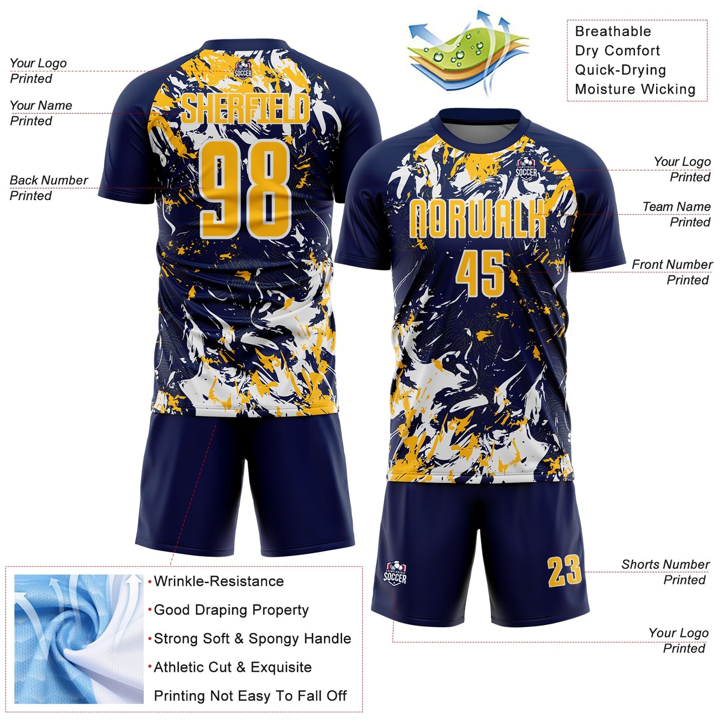 Custom Navy Gold-White Fluid Art Splash Sublimation Soccer Uniform Jersey view 4
